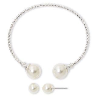 Vieste Silver Tone Simulated Pearl Cuff Bracelet & Stud Earrings Set, White