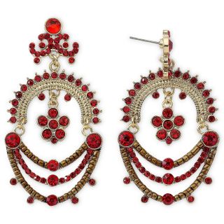 Gold Tone Red Beaded Floral Chandelier Earrings