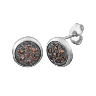 Rhodium Plated Sterling Silver Smoky Quartz Button Earrings, White