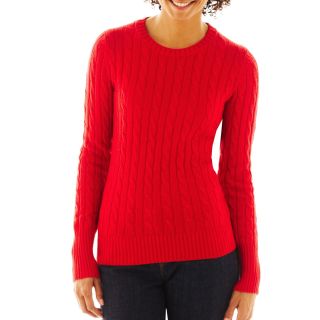 Wool Blend Cable Knit Crew Sweater   Talls, Red, Womens