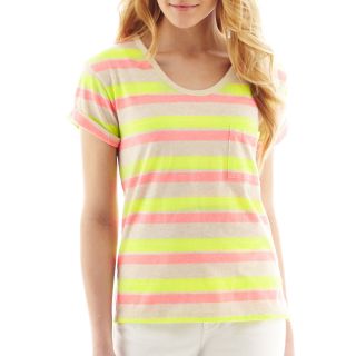 Short Sleeve Roundneck Boyfriend Tee Petite, Oatmeal Neon, Womens