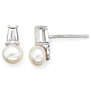 Sterling Silver Cultured Freshwater Pearl & Lab Created White Sapphire Earrings,