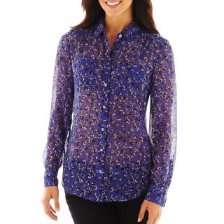 LIZ CLAIBORNE Button Front Shirt with Shirring, Peri Multi