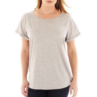 Embellished Boatneck Tee   Plus, Grey, Womens