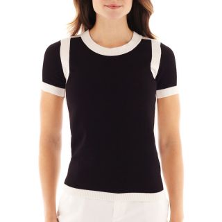 LIZ CLAIBORNE Short Sleeve Contrast Knit Sweater, Black/White, Womens