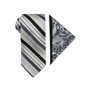 Steve Harvey Striped Tie and Paisley Pocket Square Set, White, Mens