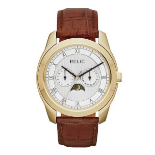 RELIC Mens Gold Tone Lunar Phase Leather Strap Watch