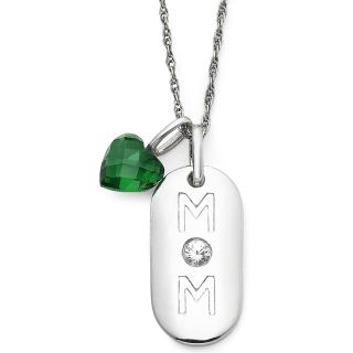 Simulated Emerald Heart & Sterling Mom Dog Tag Pendant, Womens
