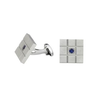 Grid Pattern Cuff Links with Blue Crystal Accent, Silver, Mens