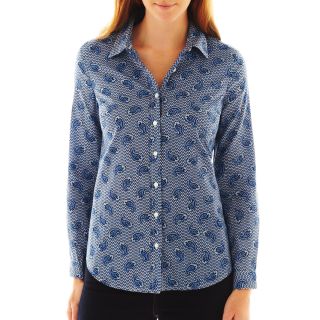 LIZ CLAIBORNE Long Sleeve Button Front Paisley Shirt, Blue