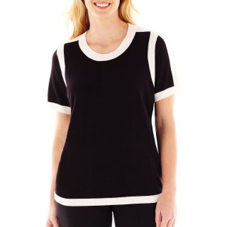 LIZ CLAIBORNE Short Sleeve Crewneck Sweater   Plus, Black/White, Womens