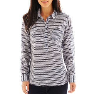 LIZ CLAIBORNE Long Sleeve Dot Popover Woven Shirt   Petite, Am Navy Multi