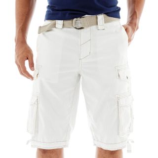 Chalc Belted Dobby Cargo Shorts, White, Mens