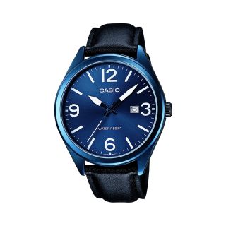 Casio Mens Blue Dial Black Leather Strap Watch