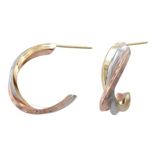 14K Tri Tone Gold Crossover Hoop Earrings, Womens