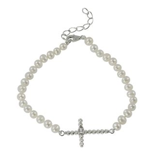Cultured Freshwater Pearl Sparkle Bead Sideways Cross Bracelet, Womens