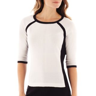 LIZ CLAIBORNE 3/4 Sleeve Colorblock Sweater   Tall, Black/White, Womens