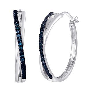 1/10 CT. T.W. Color Enhanced Blue Diamond X Hoop Earrings, Womens