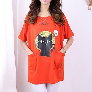 Womens Summer New Loose Cute Cat Cartoon Print Pocket Long T Shirt