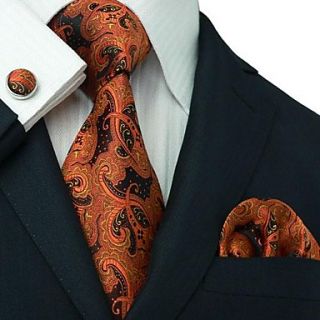 Mens Landisun Black Orange Paisleys Silk Tie Set Tie Hanky Cufflinks Landisun Exclusive