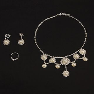 Fashion Alloy Silver With White Pearl Bridal Jewelry Sets(NecklacesEarringsRings)