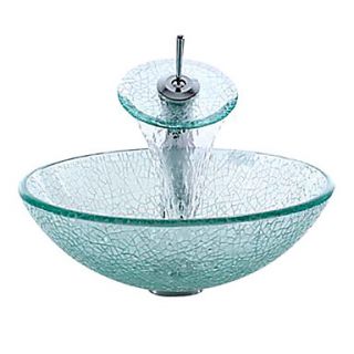 Transparent Cracked Style Tempered Glass Vessel Sink with Waterfall Faucet, Mounting Ring and Water Drain