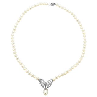 Freshwater Pearl Butterfly Necklace In Sterling Silver, White, Womens