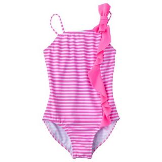 Girls 1 Piece Ruffled Asymmetrical Swimsuit   Pink XS