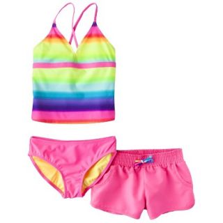 Girls 3 Piece Striped Tankini Swim Top, Bottom and Short Set   Pink XL