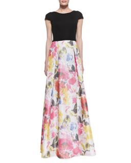 Cap Sleeve Floral Skirt Gown, Black/Multicolor   David Meister