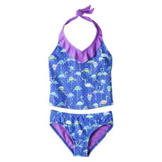 Girls 2 Piece Halter Flamingo Tankini Swimsuit Set   Blue S
