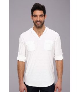 DKNY Jeans L/S Roll Tab Slub Stripe Hooded Henley Mens T Shirt (White)