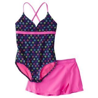 Girls 1 Piece Anchor Swimsuit and Short Set   Night Sky M