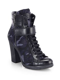 Prada Camo Print Leather Lace Up Ankle Boots   Blue