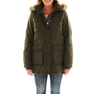 Hooded Twill Parka, Green, Womens