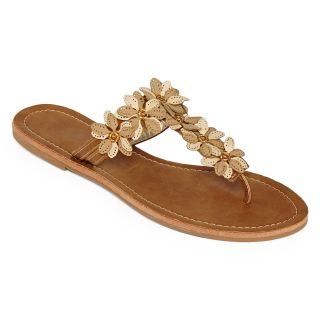 Flower T Strap Sandals, Tan, Womens