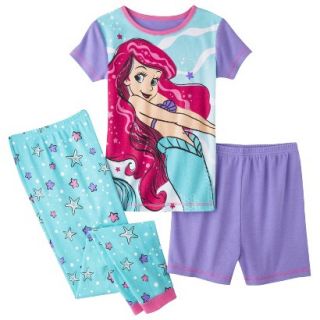 Disney Princess Girls 3 Piece Short Sleeve Ariel Pajama Set   Blue 4