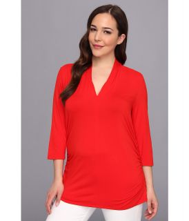 Vince Camuto Plus Size Pleat V Neck Top Womens Long Sleeve Pullover (Red)