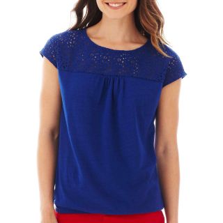 St. Johns Bay Short Sleeve Lace Banded Bottom Tee, Blue, Womens