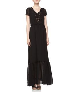 Short Sleeve Crochet Voile Maxi Dress, Black