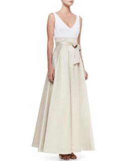 Womens Sleeveless Tie Waist Combo Gown, Ivory/Champagne   Aidan Mattox