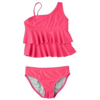 Girls 2 Piece Ruffled Asymmetrical Tankini Swimsuit   Coral L