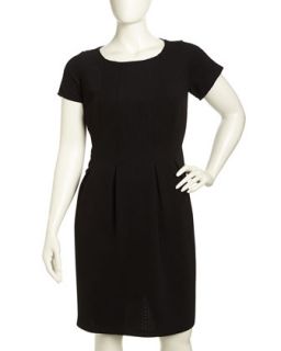 Short Sleeve Pleated Rib Knit Fit And Flare Dress, Black, Womens