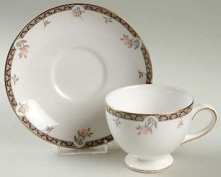 Wedgwood Isis Footed Cup & Saucer Set, Fine China Dinnerware   Gray&Burgundy Edg