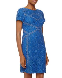 Short Sleeve Structured Lace Dress, China Blue