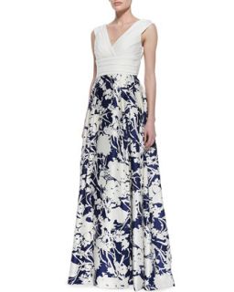 Sleeveless Floral Skirt Ball Gown, Ivory/Twilight Blue   Aidan Mattox