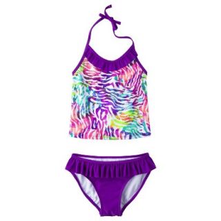 Girls 2 Piece Zebra Print Tankini Swimsuit Set   Plum L