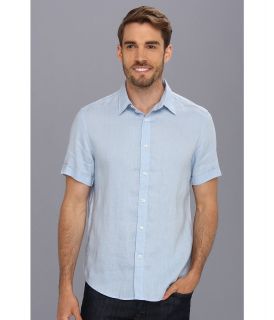 Perry Ellis S/S Solid Linen Mens Short Sleeve Button Up (Blue)