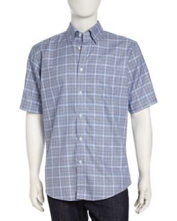 Classic Fit Non Iron Short Sleeve Micro Plaid Shirt, Blue