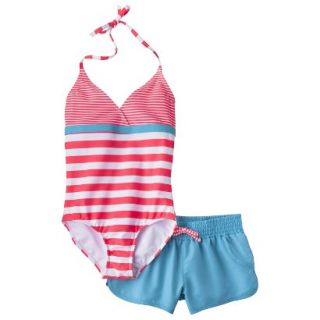 Girls 1 Piece Striped Swimsuit and Short Set   Coral L
